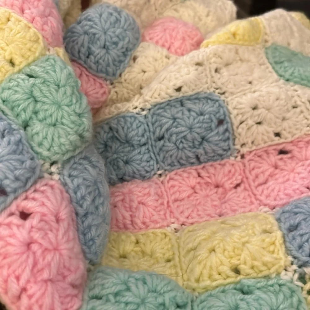 Handmade Crochet Granny Square Multi-Colored Baby Blanket Pink Blue Yellow